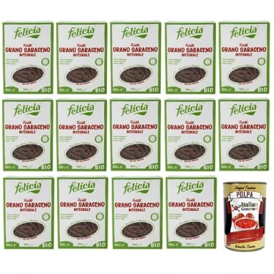 Image de Felicia Fusilli di Grano Saraceno Integrale Lot de 14 pâtes avec sarrasin 100 % bio, sans gluten, paquet 340 g + boîte italienne Gourmet Polpa Pomodoro 400