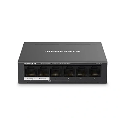 Afbeelding van MERCUSYS MS106LP TP Link PoE Switch 6 ethernet poorten, 40 W voor alle 4 poorten 30W 802.3af/at, switch, RJ45 schakelaar, metalen behuizing, stekkerdoos, aansluiten