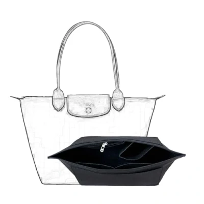 Afbeelding van D.DUO Vilten handtas organizer met meerdere vakken, opvouwbaar, voor tas van Longchamp (zwart, L)