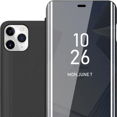 Afbeelding van Cadorabo Hoesje geschikt voor Apple iPhone 11 PRO MAX in TOERMALIJN ZWART Clear View Spiegel Beschermende Case met Tribunefunctie 360 Graden Bescherming Book Cover Etui