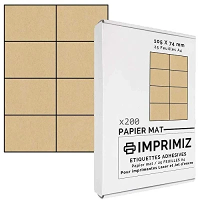 Afbeelding van 200 zelfklevende etiketten Kraft 105 x 74 mm 8 per vel voor laser en inkjetdruk 25 vellen gekleurd papier A4 zelfklevend
