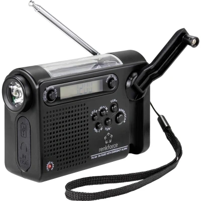 Afbeelding van Renkforce RF CR 200 Transistorradio VHF (FM), Middengolf, Korte golf Noodradio Oplaadbaar, Zonnepaneel, Handslinger, Wekfunctie, Zaklamp Zwart