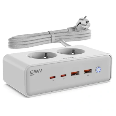 Afbeelding van Voomy 65W Stekkerdoos 2 USB C &amp; A Poorten Stopcontacten Aan / Uit schakelaar Snellader voor Laptop, Telefoon Tablet Oplader, Adapter, Verlengsnoer Wit