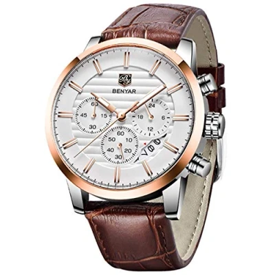 Afbeelding van Benyar Herenhorloge, chronograaf, kwarts, waterdicht, bruin leer, Kleur koffie goud Wit