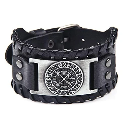 Afbeelding van Viking Vegvisir Campass Nordic Runes Leren armband voor heren, zwart, 17,5 tot 22,5 cm, leer, Leer