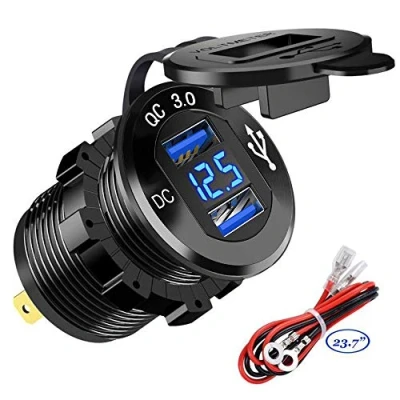Afbeelding van Quick Charge 3.0 Autolader adapter 12 V/24 V 36 W, aluminium QC3.0, dual USB, snellaad stopcontact met led voltmeter voor boot, motorfiets, vrachtwagen, golfkar, blauw