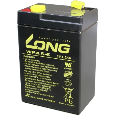 Afbeelding van Long WP4.5 6 Loodaccu V 4.5 Ah Loodvlies (AGM) (b x h d) 70 106 47 mm Kabelschoen 4.8 Geringe zelfontlading, Onderhoudsvrij