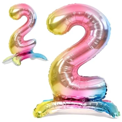 Afbeelding van ballon 2 jaar verjaardag nummer Pastel Veelkleurig metallic staand XXL reuzen 82 cm decoratie lucht