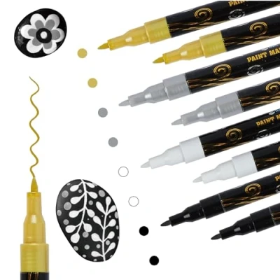 Afbeelding van INK LAB Metallic zwarte acrylverfmarkers voor steendoek, hout, glas, canvas, keramiek, 5 wit, 4 zwart, 3 goud en zilver, extra fijne punt