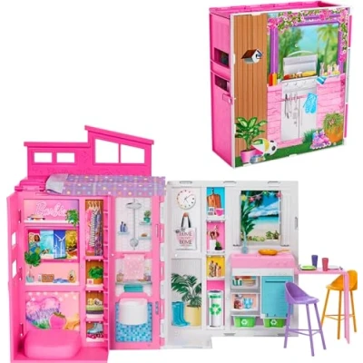 Afbeelding van Barbie HRJ76 Speelset voor poppenhuis, vakantiehuis met 4 speelplaatsen, waaronder keuken, badkamer, slaapkamer en woonkamer, 11 decoratieve accessoires,