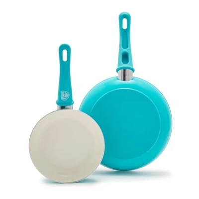 Afbeelding van GreenLife Soft Grip 2 delige pannenset van gezond keramiek, 18 cm en 26 cm, PFAS vrij, vaatwasmachinebestendig, Ovenvast, turquoise
