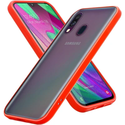 Afbeelding van Cadorabo Hoesje geschikt voor Samsung Galaxy A40 in Mat Rood Zwarte Knopen Hybride beschermhoes met TPU siliconen Case Cover binnenkant en matte plastic achterkant