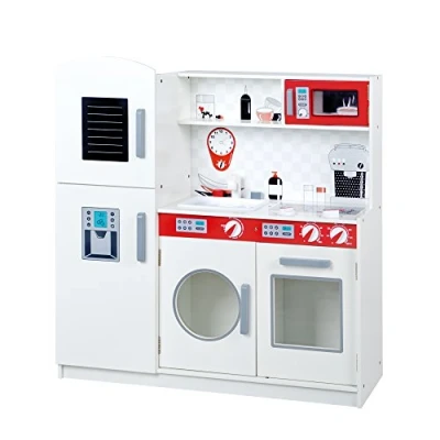 Afbeelding van roba Grote kinderkeuken van hout kookplaat + magnetron koelkast wasmachine en andere wit/rood