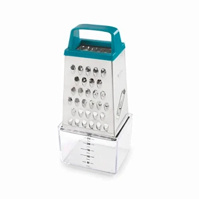 Afbeelding van Lacor 61363 Keukenrasp met Keep roestvrijstalen container, 250 ml voedselcontainer, 4 snijvlakken: fijn, medium, dik en schijven, 8,9 x 6,5 20,5 cm