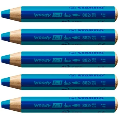 Afbeelding van STABILO woody Duo kleurpotloden, aquarel en waskrijt, 3 in 1, duo, tweekleurige vulling, ultramarijn/turquoise, 5 stuks