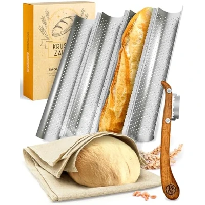 Afbeelding van KRUSTENZAUBER stokbroodbakvorm antiaanbaklaag incl. bakkerslinnen en bakkersmes set van 3 stokbroodbakplaten ideaal als stokbroodplaat, broodbakplaat, stokbroodblik, stokbroodbakje, broodbakaccessoires