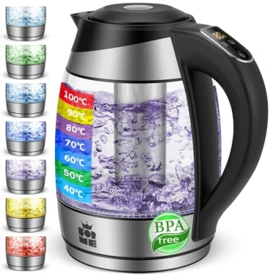 Afbeelding van ForMe Elektrische waterkoker van glas, thermostaat, verstelbaar, 1,8 I temperatuurregeling, instelbaar 40 100 C, transparant, temperatuurinstelling, theepot met theezeef en waterfilter, led, BPA vrij