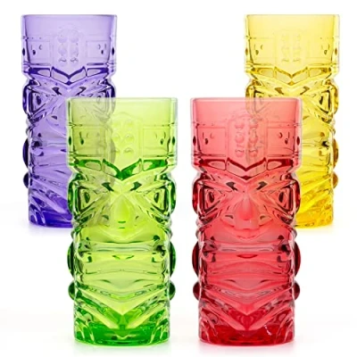 Afbeelding van Set van 4 gekleurde Tiki Bar cocktailglazen hoge bekers ideaal voor Hawaiiaanse party op rum gebaseerde gemengde cocktaildrank MAI Tai Long Island ijsthee of zombiecocktails