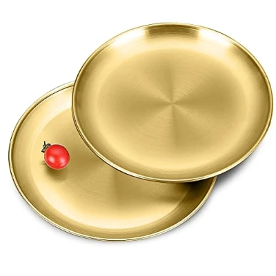 Afbeelding van Betinyar Set van 2 ronde roestvrijstalen borden, 20,3 cm, herbruikbare metalen campingborden voor picknick, camping (goud, 20 cm)