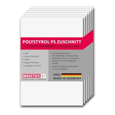 Afbeelding van Mag_261 Set van 6 piepschuimplaten wit, A4, PS gesneden, 21 x 29,7 cm, 1 mm dik, voor modelbouw, doe het zelf architectuur