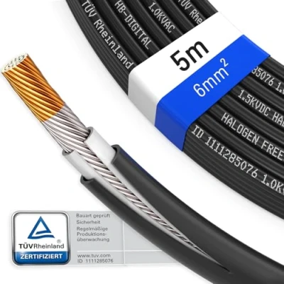 Afbeelding van hb digital Zonnekabel 6 mm² voor zonnepanelen, verlengkabel van puur koper, flexibele enkele kabel, dubbellaags, speciale isolatie, 1500 V, zwart