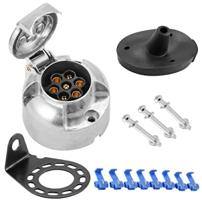 Afbeelding van SPARKMOTO Aanhangerstekker, 7 polig, vrouwelijk, van metaal, voor autoaanhanger, 12 V, aluminium, met steunset en afdichting achter waterdicht (SKM07SK)