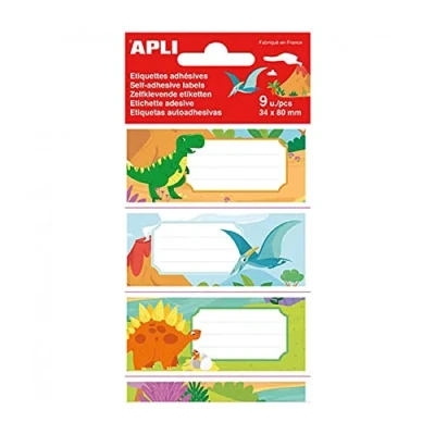 Afbeelding van Apli Dinosaurus schooletiketten, meerkleurig, 86 x 36 mm, 9 stuks
