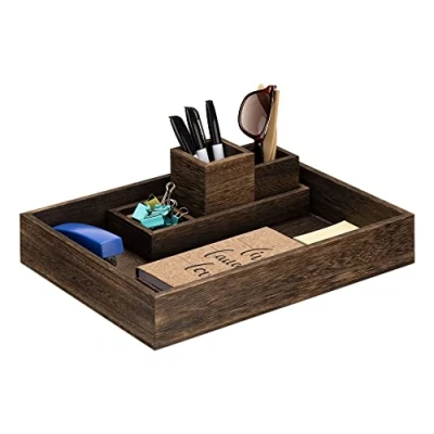 Afbeelding van Navaris set Van 5 bureaubakjes paulowniahout Bureau organizer 35 x 27 6 cm Donkerbruin