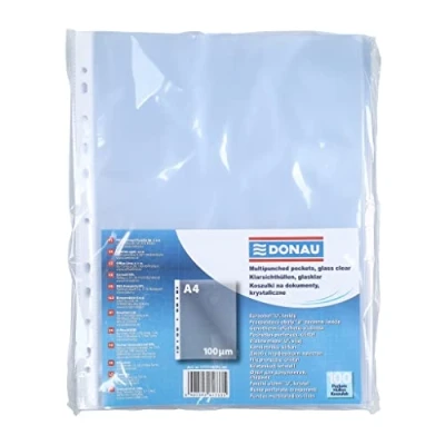 Afbeelding van DONAU 100 stuks transparante kunststof geperforeerde hoezen voor documenten, papieren, mappen, transparant, micron