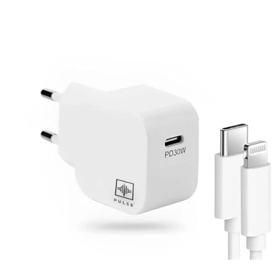 Afbeelding van PULSE® Oplader USB C 30 W GaN technologie ultrasnel opladen 60% in minuten naar Lightning kabel van 1 m compact en ideaal voor reizen universele compatibiliteit iPhone, Samsung,