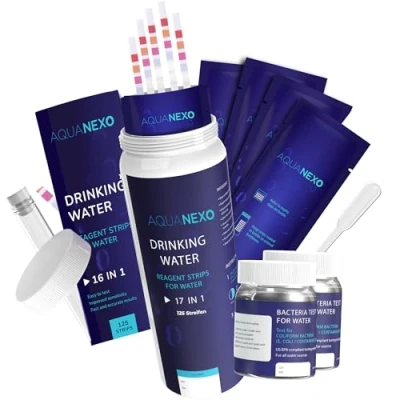 Afbeelding van AQUANEXO 18 parameters, 125 teststrips voor drinkwater (5 x 25) + 2 coliforme bacterietests, pH teststrips, drinkwatertester, strips