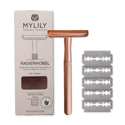 Afbeelding van MYLILY® Veiligheidsscheermes met 5 scheermesjes, neusscheermes, scheerapparaat voor dames, plasticvrij metalen scheerapparaat, intieme damestrimmer, lichaamstrimmer, zonder afvalset, roségoud