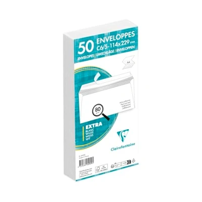Afbeelding van Clairefontaine 5959C, verpakking met 50 witte enveloppen, C6/5, 114 x 229 mm, zelfklevend, 80 g/m²