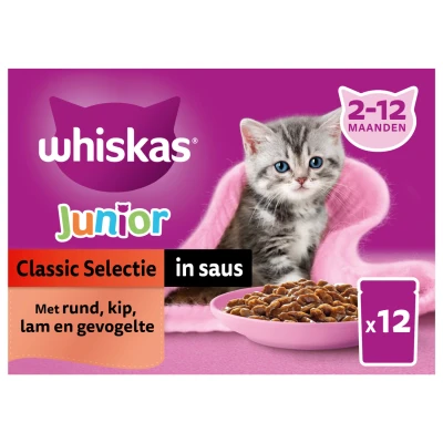 Afbeelding van Whiskas Multipack Pouch Junior Classic Selectie Vlees In Saus 4X12X85 GR