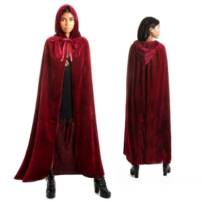 Afbeelding van Various Vampiercape met capuchon van fluweel, voor carnaval, Halloween, uniseks, donkerrood, 150 cm