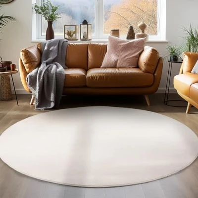 Afbeelding van Modern laagpolig tapijt, effen, antislip, wasbaar, zacht, crème, afmetingen: 160 cm, rond