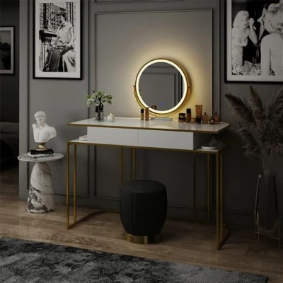 Afbeelding van Vicco Beautytisch met licht Tiara, Wit/Goud, 110 cm