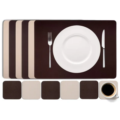 Afbeelding van Cookinglife 6 Placemats + Onderzetters Vegan leer Bruin / Zand 12 stuks