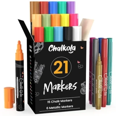 Afbeelding van Verpakking met 21 neonkrijtstiften 15 vloeibare krijtstiften en 6 metallic kleuren van Chalkola omkeerbare punt mm voor krijtbord, glas, papier, keramiek