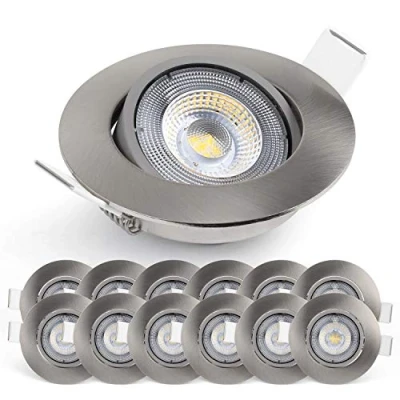 Afbeelding van Emos LED inbouwspot 230V, 5W / 450lm, 50 draaibaar, inbouwspot, warm wit 3000K, set van 12 plafondspots voor binnengebruik, extra plat, rond, geborsteld zilver