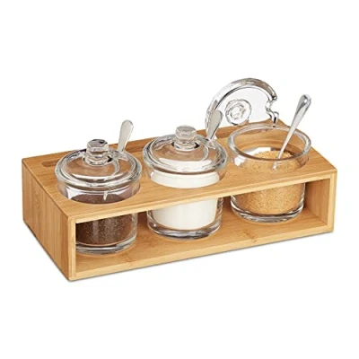 Afbeelding van Relaxdays glazen kruidenpotjes set van 3 met bamboe houder suikerpotjes zoutpotje