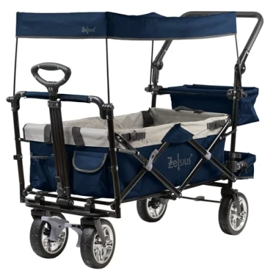 Afbeelding van Zelsius Opvouwbare bolderkar met dak, blauw/grijs, transportwagen gordelsysteem, strandwagen, gereedschapswagen, tuinwagen luifel,