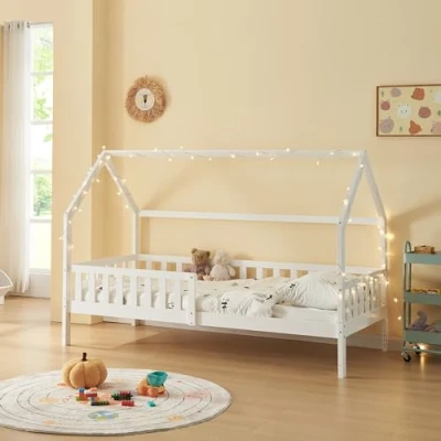 Afbeelding van Kinderbed Ydre huisbed met bedbodem 90x200 cm wit [en.casa]