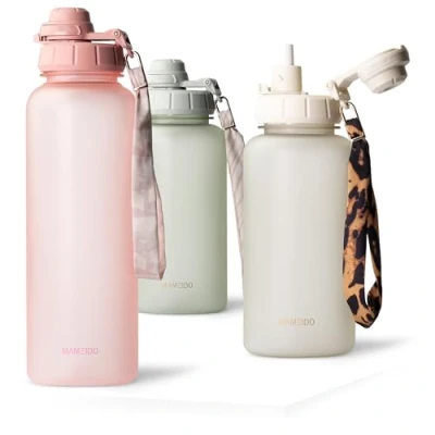 Afbeelding van MAMEIDO Drinkfles, 1,5 l, met rietje en motivatietijdmarkering, sportfles polsband, waterdichte kinderfles, BPA vrije waterfles, waterfles (Flamingoroze, 1500 ml)