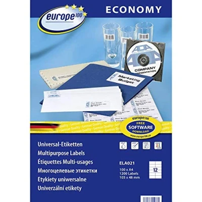 Afbeelding van Europe 100 ELA021 Universele etiketten 105 x 48 mm Papier Wit 1200 stuk(s) Permanent hechtend Inkjet, Laser (zwart/wit), (kleur), Kopiëren