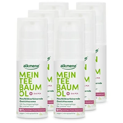 Afbeelding van alkmene Set van 6 tea tree olie gezichtscrèmes 50 ml puistjesreductie 91% Natuurlijke Veganistisch en klimaatneutraal 24 uur hydraterende verzorging voor