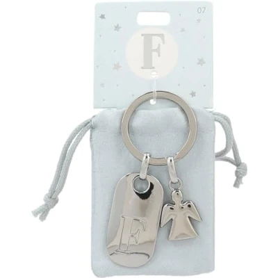 Afbeelding van Depesche 11800 007 Porte clés argenté avec lettre F et ange gardien en alliage de zinc pochette velours colorée, argenté, Einheitsgröße