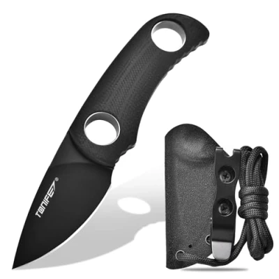Afbeelding van TONIFE mes met vast lemmet 4,7 cm, mini nekmes Kydex hoes en koord, EDC draagbaar voor outdoor survival (zwart + titaniumzwart)