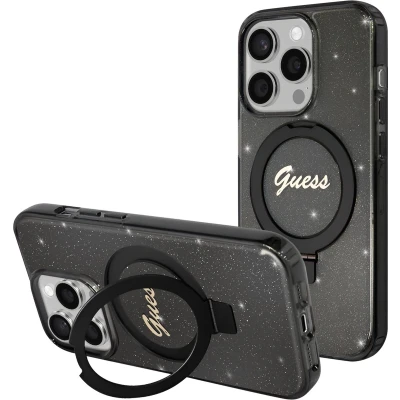 Afbeelding van Guess Ring Glitter Back Case (MagSafe Compatible) Geschikt voor Apple iPhone 15 Pro (6.1&quot;) Zwart