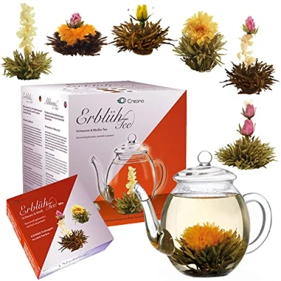 Afbeelding van Theebloemen cadeauset Creano geschenkset met glazen theekan 3st. zwarte thee, witte thee incl. theepot